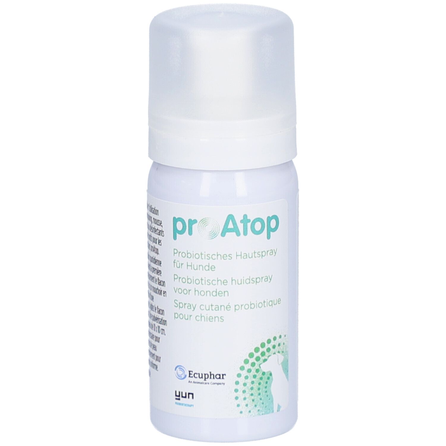 Weiße Sprühflasche mit Kappe. Produktname: proAtop. Text in Deutsch, Niederländisch und Französisch. Logo.