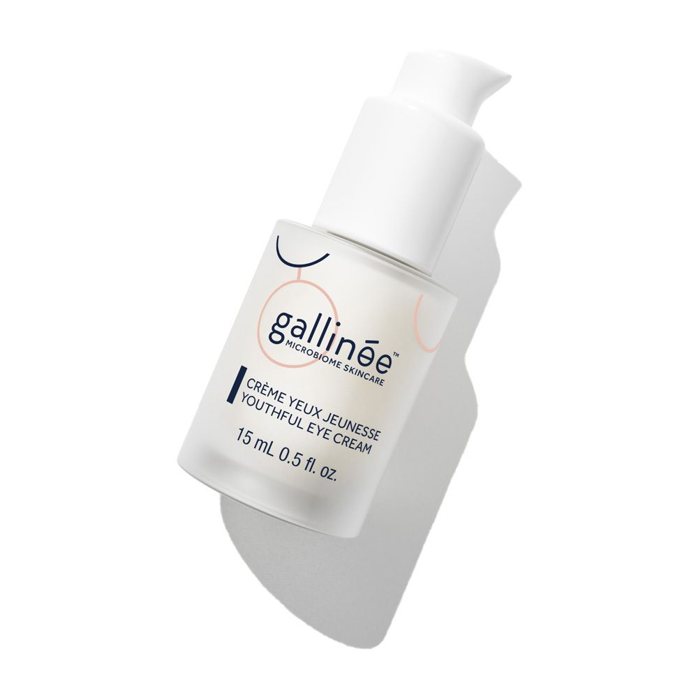 Weiße Gallinée Youthful Eye Cream Flasche. 15 ml. Mit Spender. Aufschrift: Crème Yeux Jeunesse Youthful Eye Cream.