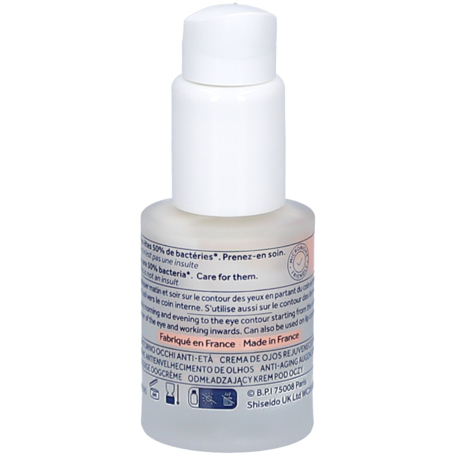 Weiße Flasche mit Pumpverschluss. Aufschrift: Gallinée. Text und Logos auf der Rückseite. Made in France.