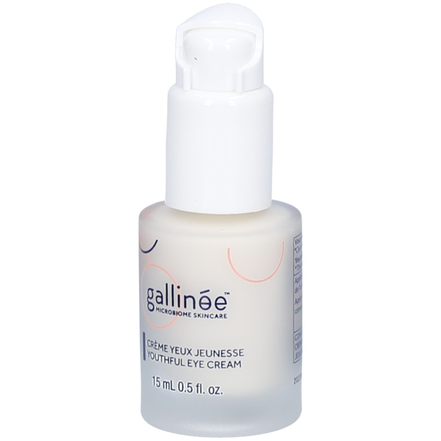 Weiße Flasche mit Pumpverschluss. Aufschrift: Gallinée, Crème Yeux Jeunesse, 15 ml.