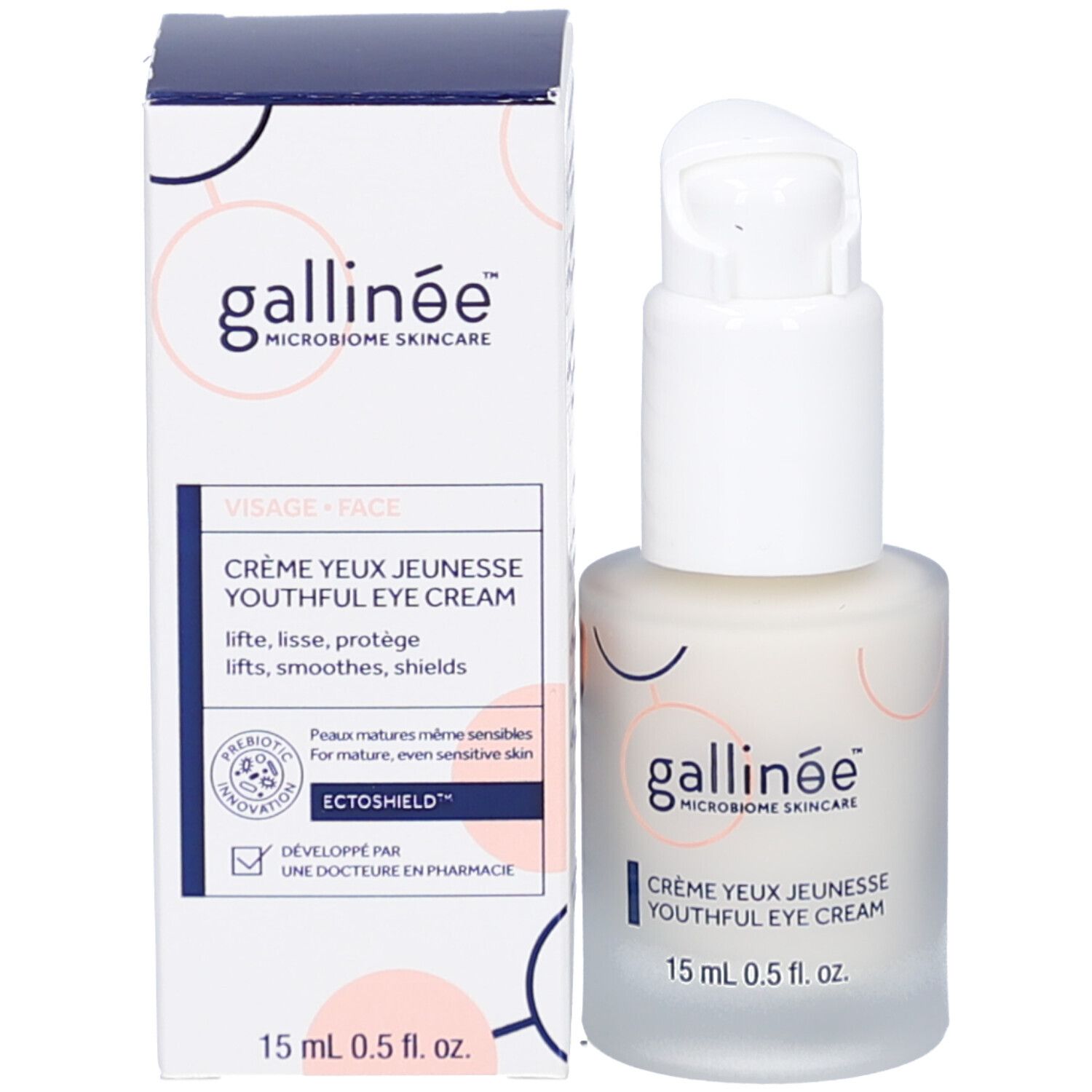 Produktflasche und Verpackung. Aufschrift: Gallinée, Crème Yeux Jeunesse, 15 ml. Verpackung mit Text.
