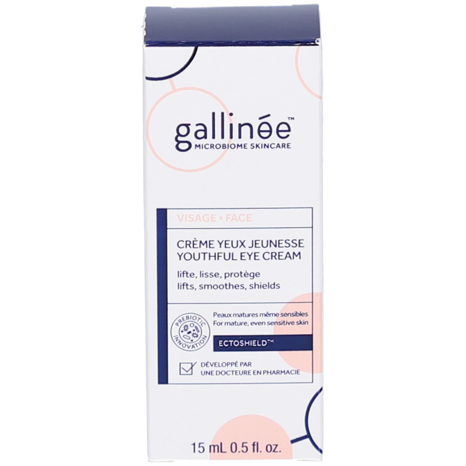 Produktverpackung. Aufschrift: Gallinée, Crème Yeux Jeunesse, 15 ml. Text und Logos.