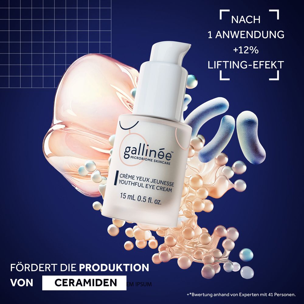 Gallinée Youthful Eye Cream Flasche mit Inhaltsstoffen. Text: +12% Lifting-Effekt. Fördert die Produktion von Ceramiden.