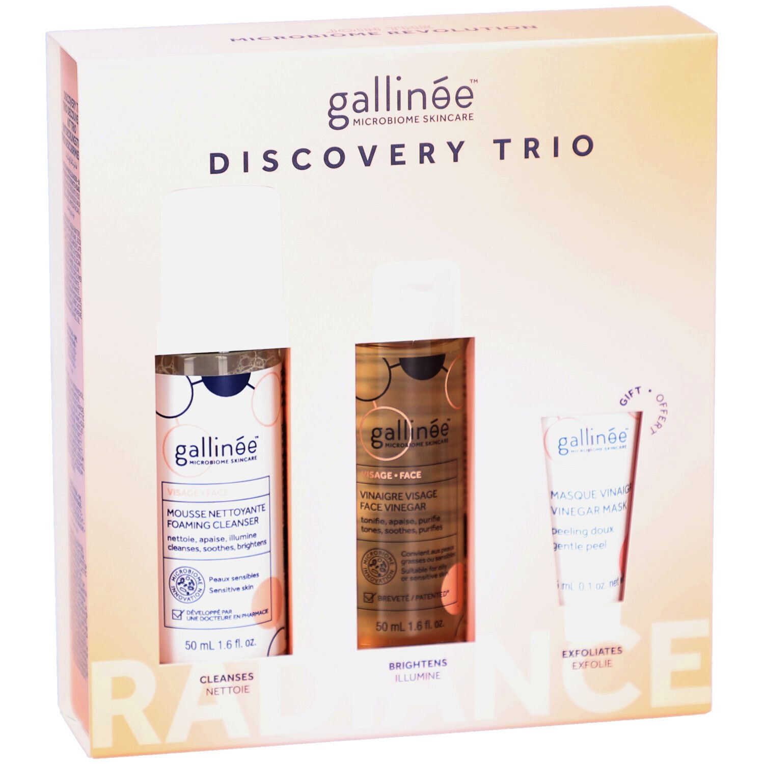 Geschenkbox mit drei Gallinée-Hautpflegeprodukten. Enthält Reiniger, Essig-Gesichtsmaske und Gesichtsmaske. Produktnamen sichtbar.