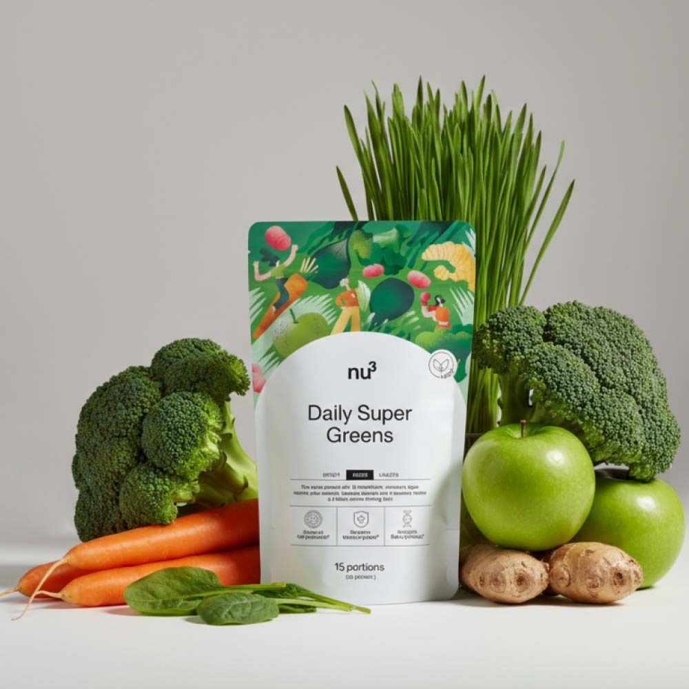 nu3 Daily Super Greens Beutel vor Gemüse und Obst. Grün, weißes Päckchen mit Produktname. Umgeben von Brokkoli, Äpfeln, Karotten und Gras.