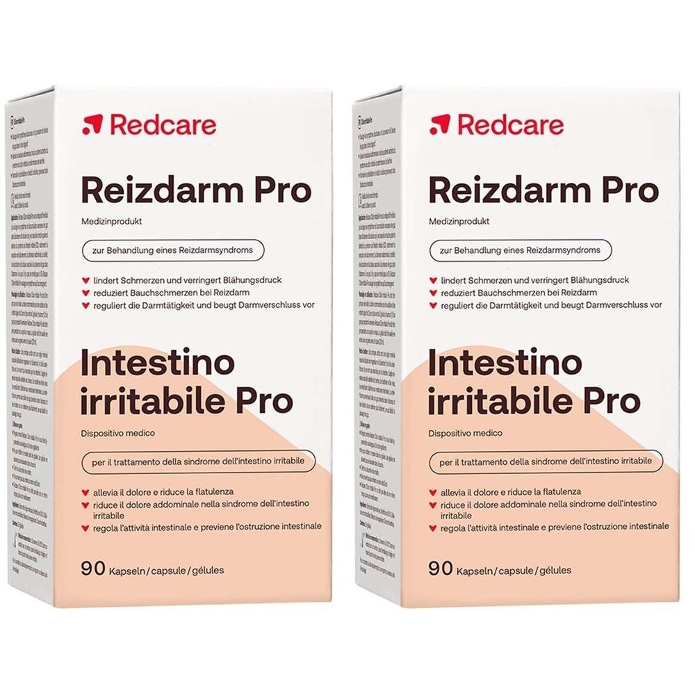 Zwei Kartons Redcare Reizdarm Pro. Aufschrift: Intestino irritabile Pro. 90 Kapseln. Medizinprodukt.