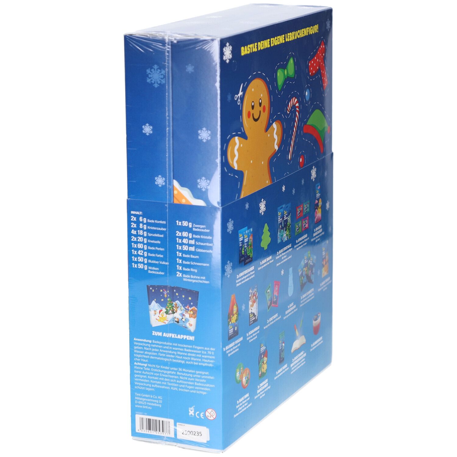 Adventskalender-Verpackung, blaue Box mit Illustrationen und Produktinformationen. Seitenansicht mit Text und Inhaltsangaben.