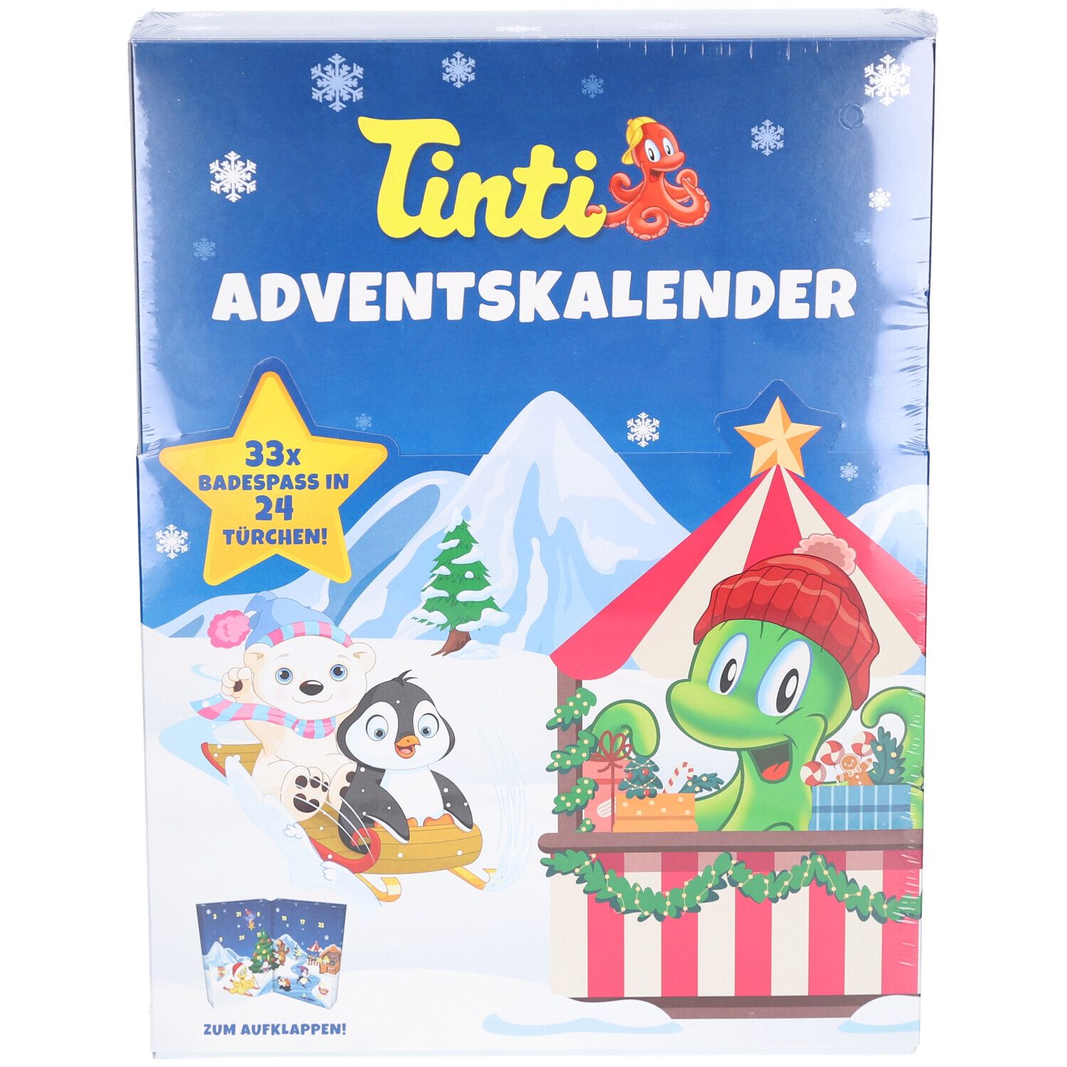 Tinti Adventskalender, blaue Box mit Illustrationen von Tieren und einem Weihnachtsmarkt. Text: 33x Badespaß in 24 Türchen!