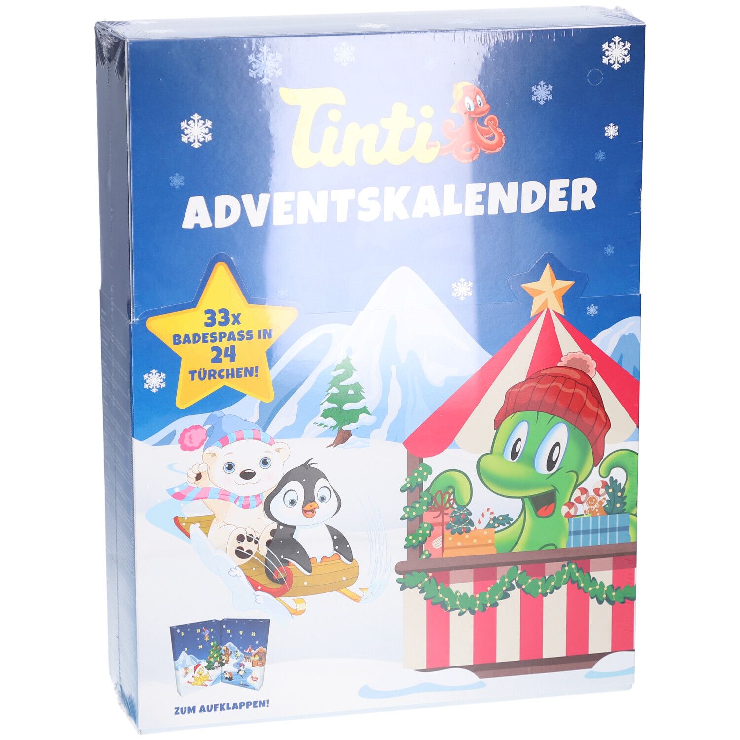 Tinti Adventskalender, blaue Box mit Illustrationen von Tieren und einem Weihnachtsmarkt. Text: 33x Badespaß in 24 Türchen!