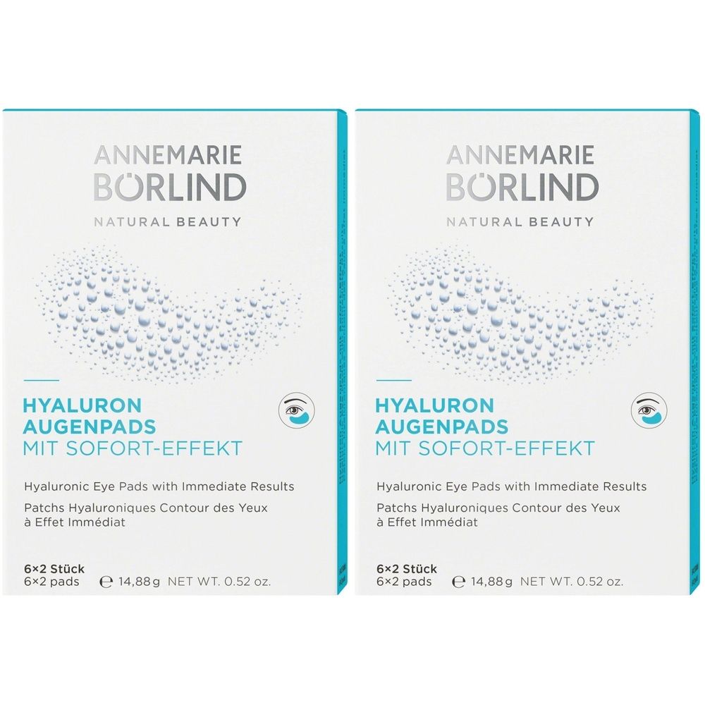 Zwei Packungen Augenpads. Aufschrift: ANNEMARIE BÖRLIND, Hyaluron Augenpads mit Sofort-Effekt. 6x2 Pads.