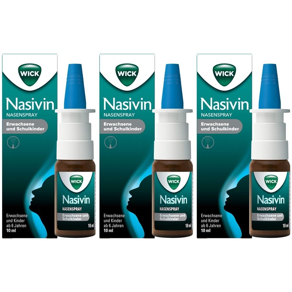 Mehrere Nasivin Nasenspray-Packungen. Jede Packung enthält eine Flasche und eine Schachtel. Auf der Schachtel steht "Nasivin" und "WICK".