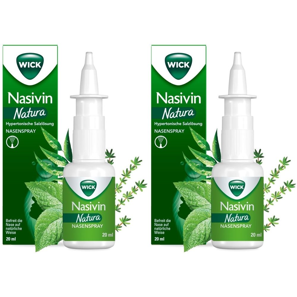 Zwei Nasivin Natura Nasenspray-Flaschen und Verpackungen. Grün-weißes Design mit Blättern und dem WICK-Logo.
