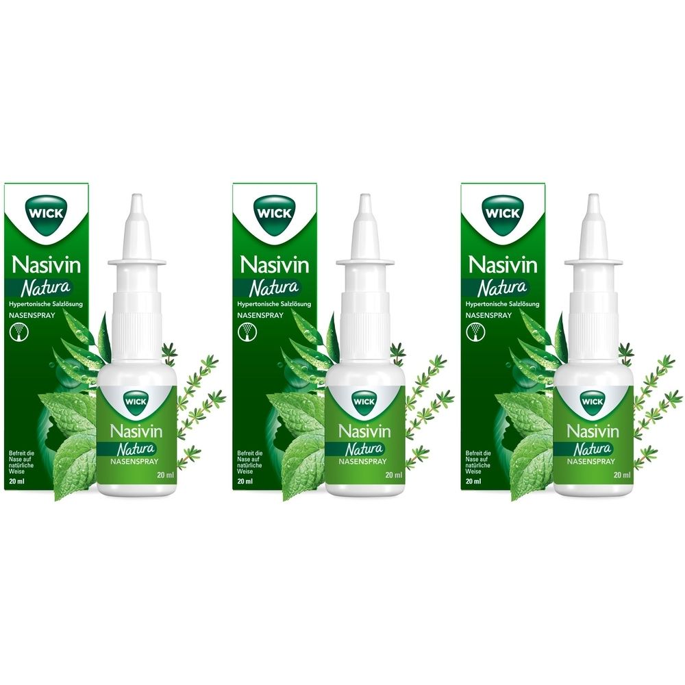 Drei Nasivin Natura Nasenspray-Flaschen mit Verpackung. Grüne Verpackung mit weißer Schrift. Flaschen mit Sprühkopf.