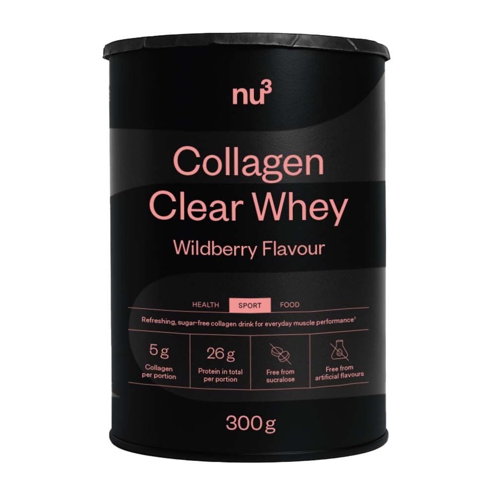 Schwarze Dose mit nu3 Collagen Clear Whey. Rosa Schrift. Wildberry Flavour. 300g. 5g Collagen, 26g Protein, zuckerfrei, ohne künstliche Aromen.