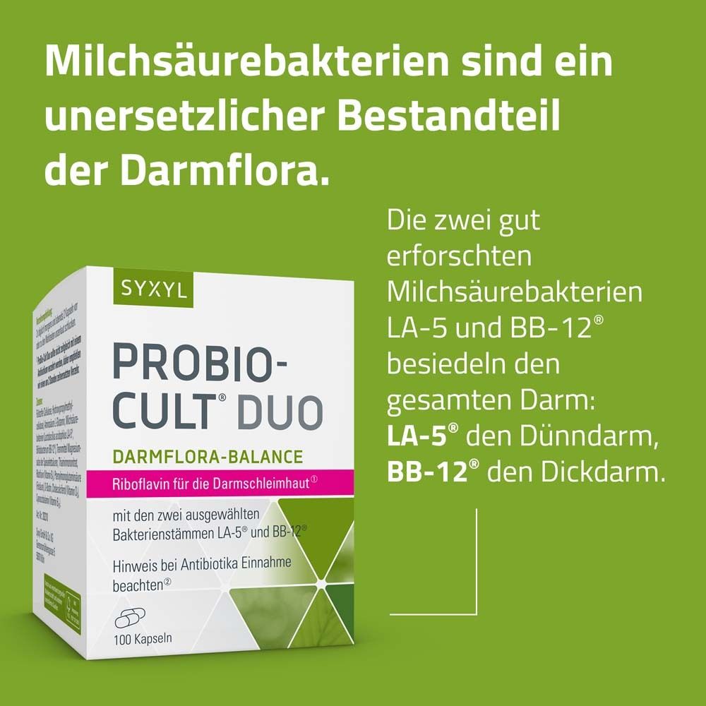 ProBio-Cult Duo Verpackung. Text: Milchsäurebakterien sind ein unersetzlicher Bestandteil der Darmflora.