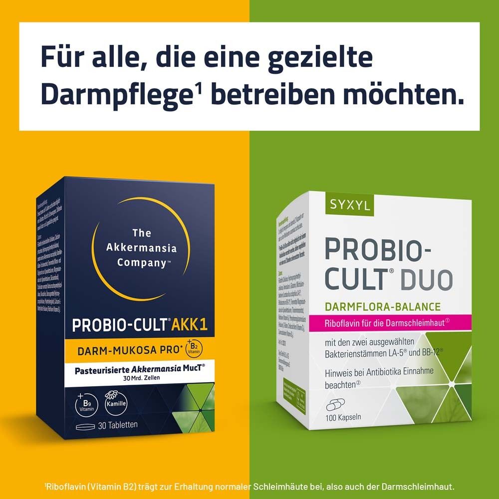 Zwei Produktverpackungen: ProBio-Cult AKK1 und ProBio-Cult Duo. Text: Für alle, die eine gezielte Darmpflege betreiben möchten.
