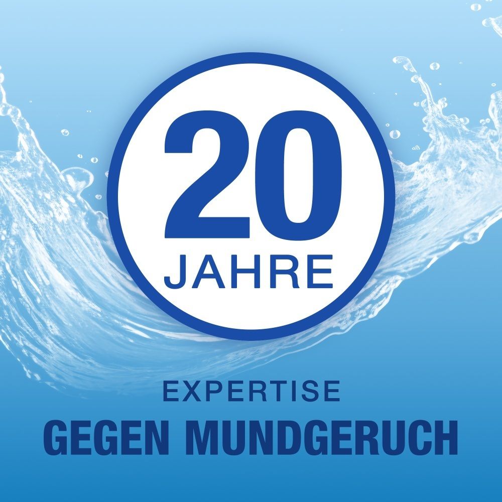 Grafik mit "20 Jahre Expertise" in einem Kreis und Wasserspritzern. Text: "Gegen Mundgeruch".