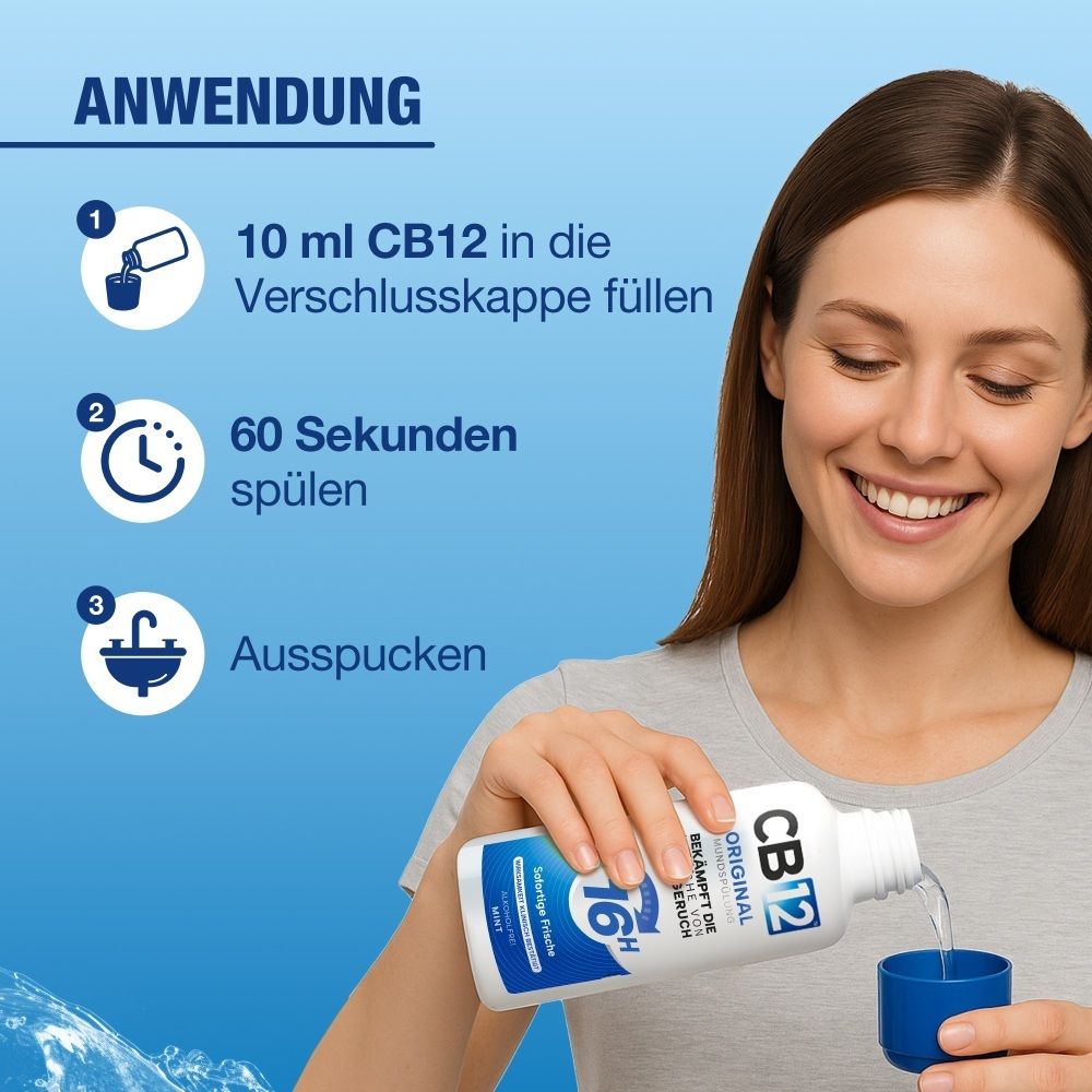 Anwendungsschritte: 1. 10ml abmessen, 2. 60 Sek. spülen, 3. Ausspucken. Frau gießt Mundwasser ein.