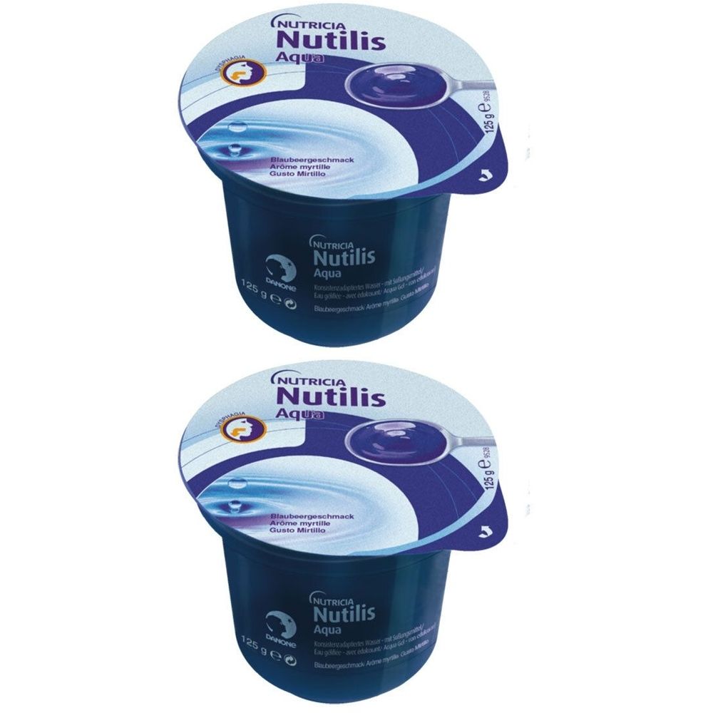 Zwei blaue Becher mit Deckel. Aufschrift: Nutricia Nutilis Aqua. Blaubeergeschmack. 125g.