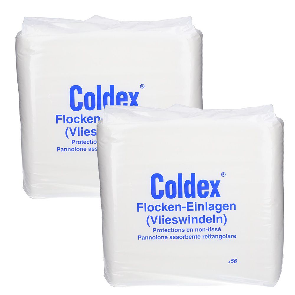 Zwei weiße Packungen mit Coldex Flocken-Einlagen. Blaue Schrift. Aufschrift: Protections en non-tissé, Pannolone assorbente rettangolare. Packung mit 56 Stück.