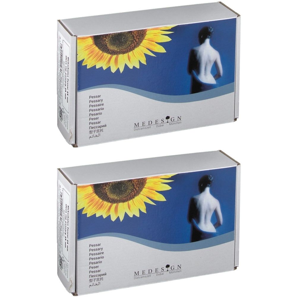 Zwei Schachteln mit Sonnenblumen-Motiv und dem Wort „Pessar“. Aufschrift „MEDESIGN“.