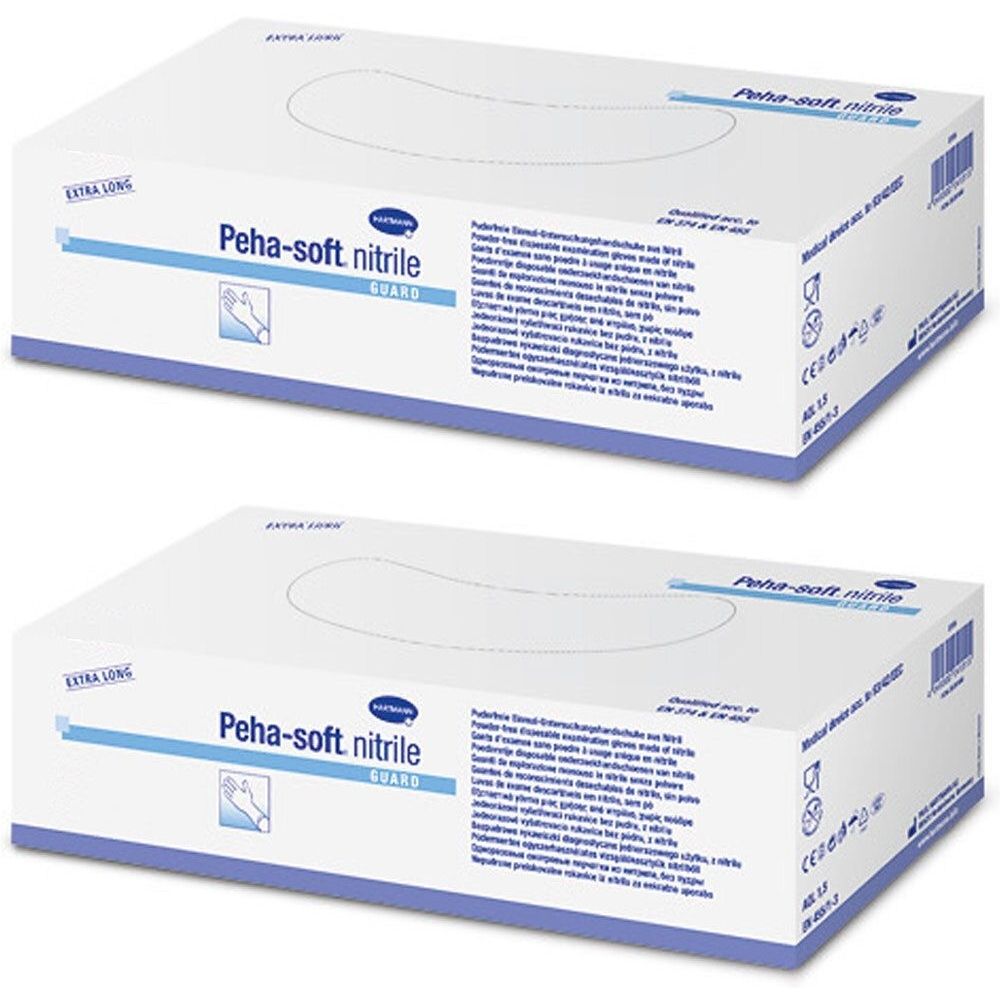 Zwei weiße Kartons mit blauer Schrift. Aufschrift: Peha-soft nitrile GUARD. Extra Long. CE-Kennzeichnung.