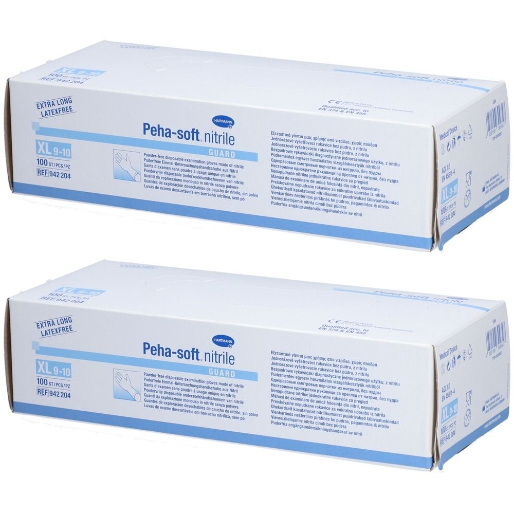 Zwei Kartons mit PEHA-SOFT Nitril-Handschuhen. Aufschrift: XL 9-10, 100 Stück, extra lang, latexfrei.