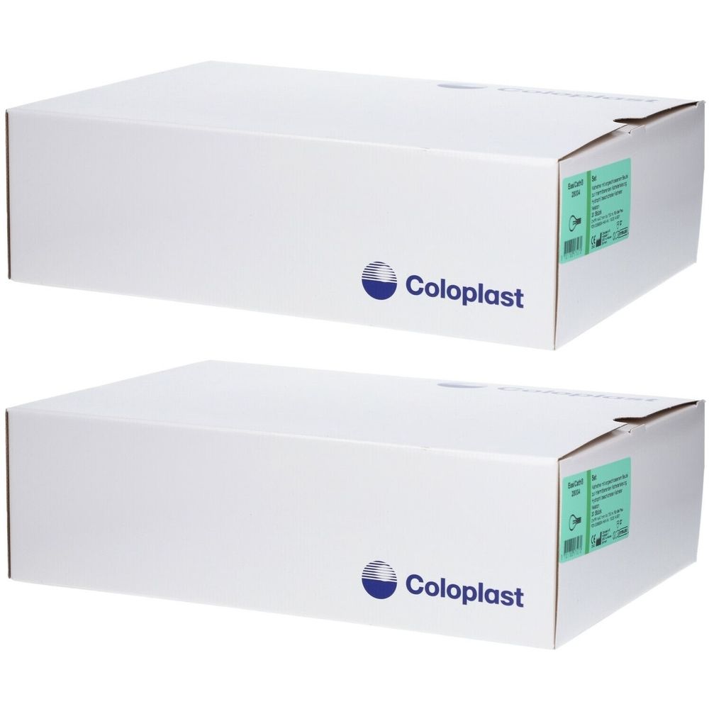 Zwei weiße Kartons mit dem Logo von Coloplast. Auf einem Etikett sind Produktinformationen zu sehen.