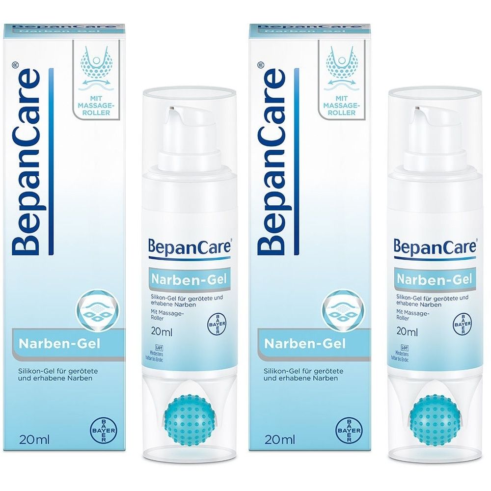 Mehrere Packungen BepanCare Narben-Gel mit Massage-Roller. Flaschen und Verpackungen mit Produktnamen und Logo. Blaue und weiße Farbgebung.