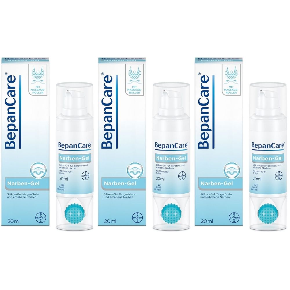 Mehrere Flaschen und Verpackungen von Narben-Gel. Die Flaschen haben einen Pumpkopf und einen Massage-Roller. Auf der Verpackung steht "BepanCare Narben-Gel".