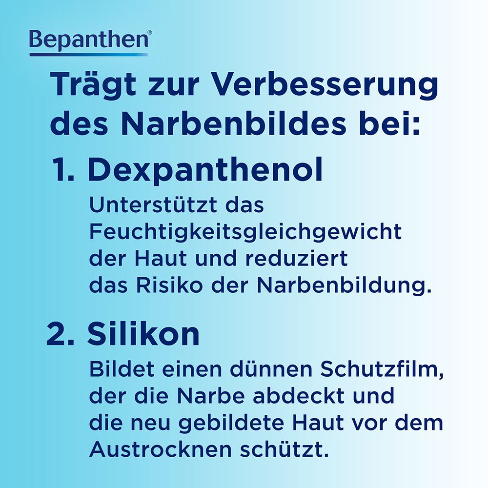 Text: Trägt zur Verbesserung des Narbenbildes bei: 1. Dexpanthenol, 2. Silikon. 3. Massage-Roller. BepanCare Logo.