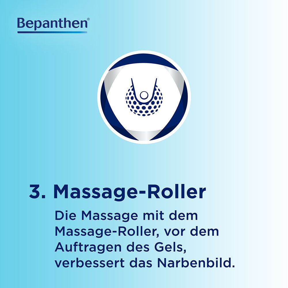 Text: 3. Massage-Roller. Die Massage mit dem Massage-Roller verbessert das Narbenbild. BepanCare Logo.