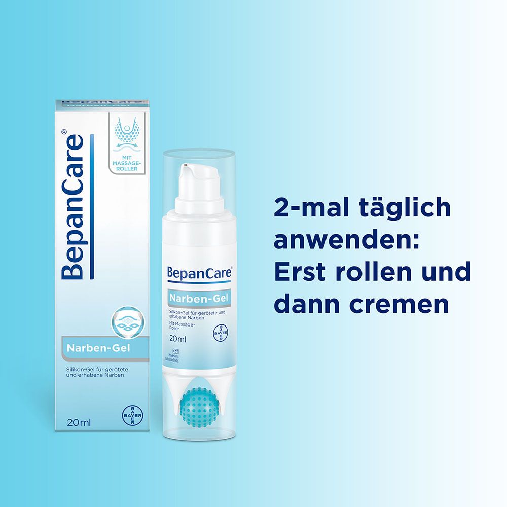 BepanCare Narben-Gel mit Verpackung. Text: 2-mal täglich anwenden: Erst rollen und dann cremen.