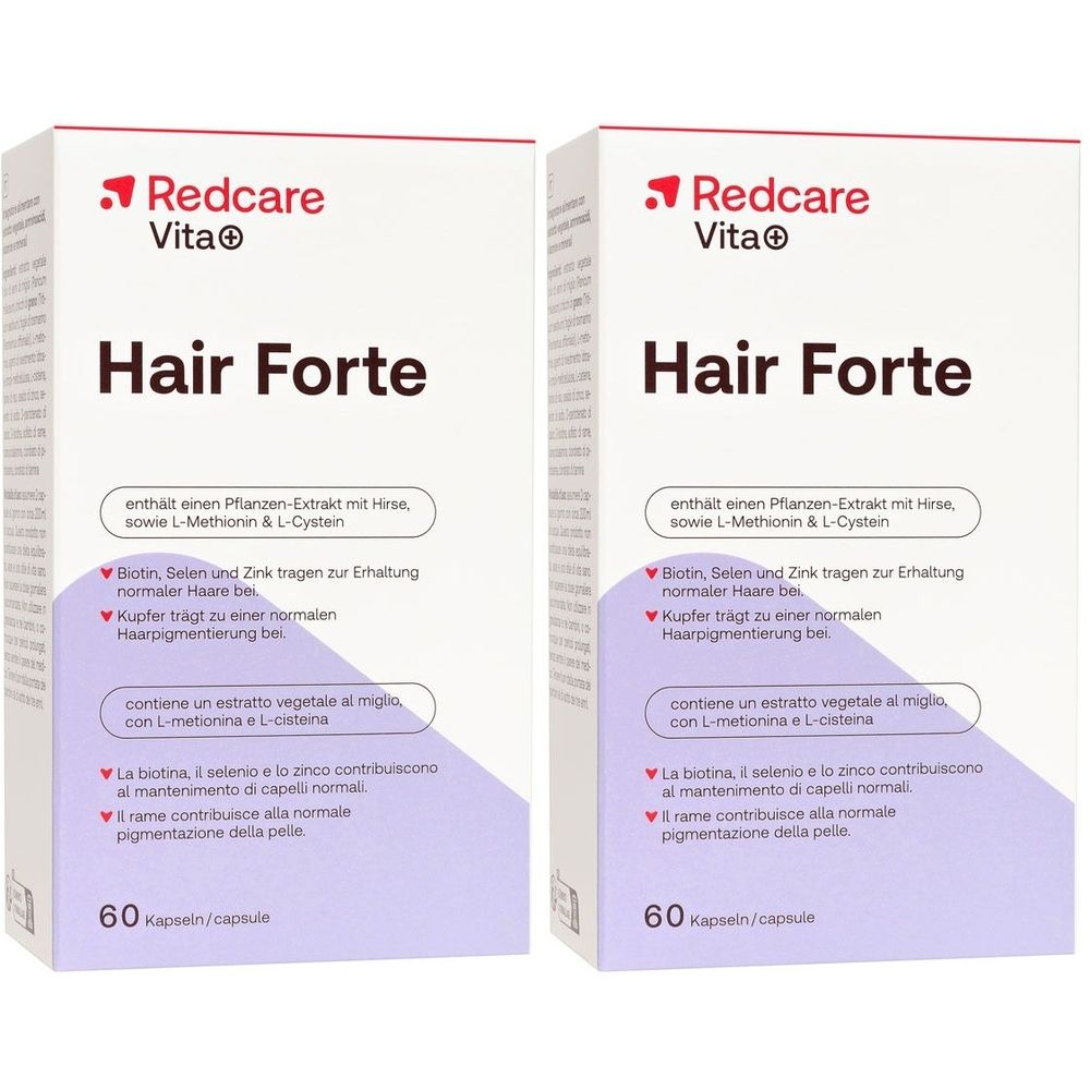 Zwei Schachteln Redcare Vita+ Hair Forte. Weiße Verpackung mit rotem Logo und Produktnamen. Enthält 60 Kapseln.