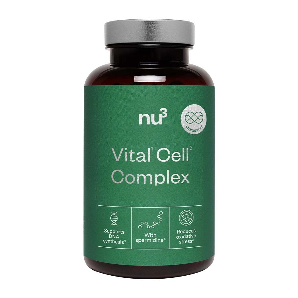 Braune Flasche mit silbernem Deckel. Aufschrift: nu3 Vital Cell Complex. Grüne Etikett mit Logos und Text.