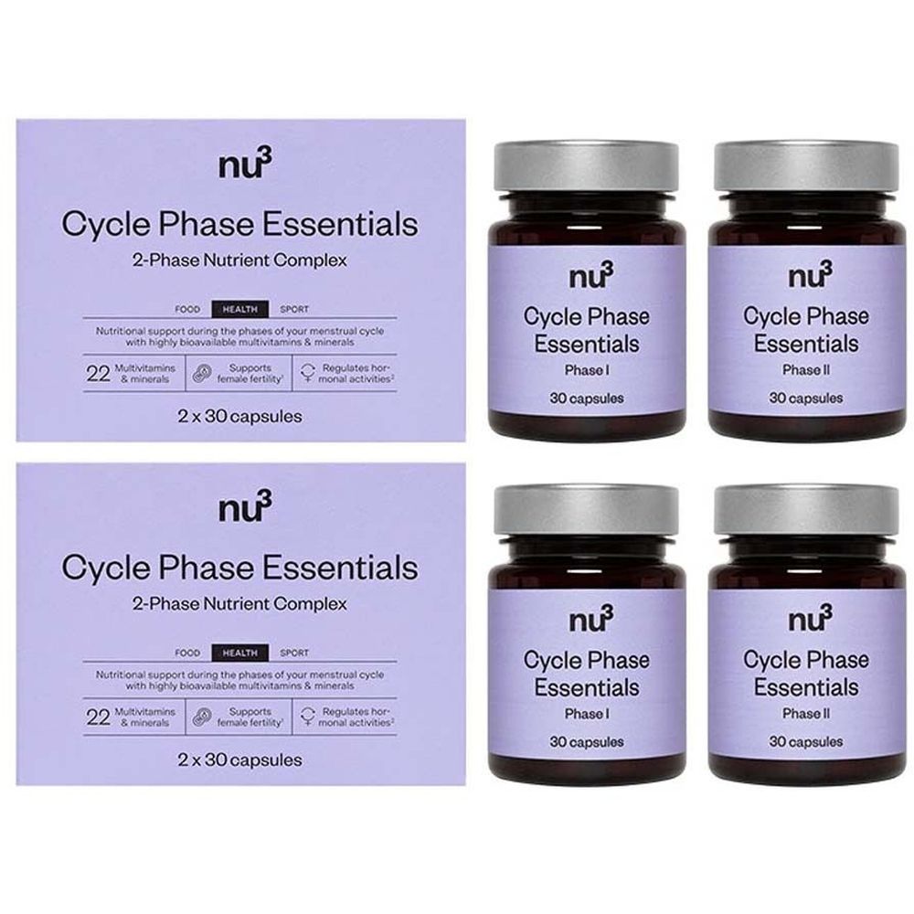 Zwei Packungen und vier Flaschen mit Kapseln. Aufschrift: nu3 Cycle Phase Essentials. 2 x 30 Kapseln. 2-Phasen-Nährstoffkomplex.