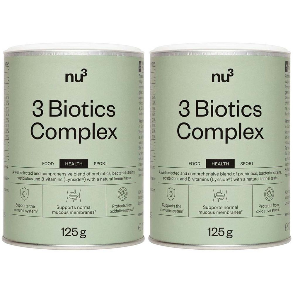 Zwei Dosen nu3 3 Biotics Complex. Aufschrift: 3 Biotics Complex, 125g. Logos: Food, Health, Sport. Unterstützt Immunsystem, Schleimhäute, oxidativen Stress.