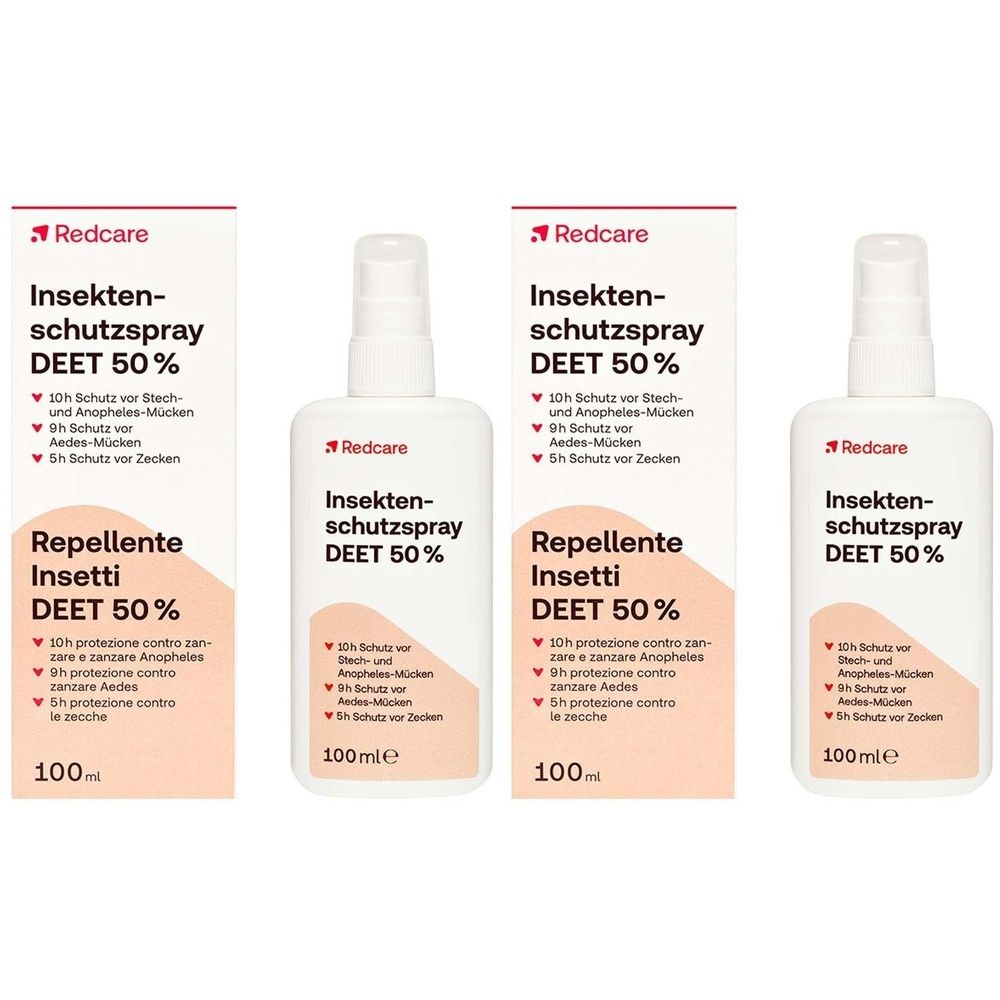Drei Flaschen Insektenschutzspray mit roter und weißer Verpackung. Aufschrift: Redcare Insektenschutzspray DEET 50%.