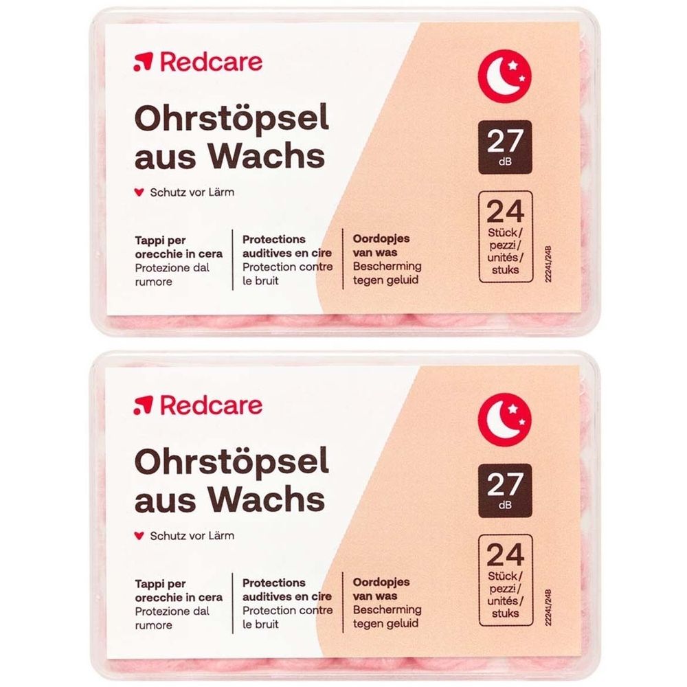 Zwei Packungen Redcare Ohrstöpsel aus Wachs. Jede Packung enthält 24 Stück. Aufdruck: 27 dB, Schutz vor Lärm.