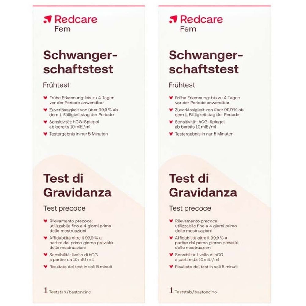 Zwei Packungen Schwangerschaftstest. Aufschrift: Redcare Fem, Schwangerschaftstest, Frühtest. Text in Deutsch und Italienisch. 1 Teststab.