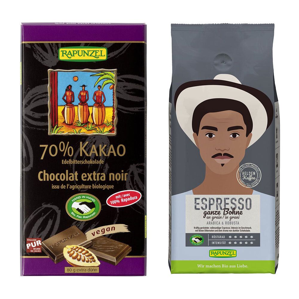 Verpackung mit Schokolade und Kaffeebohnen. Schokolade mit 70% Kakao, Espresso ganze Bohne. Beide Produkte der Marke RAPUNZEL.