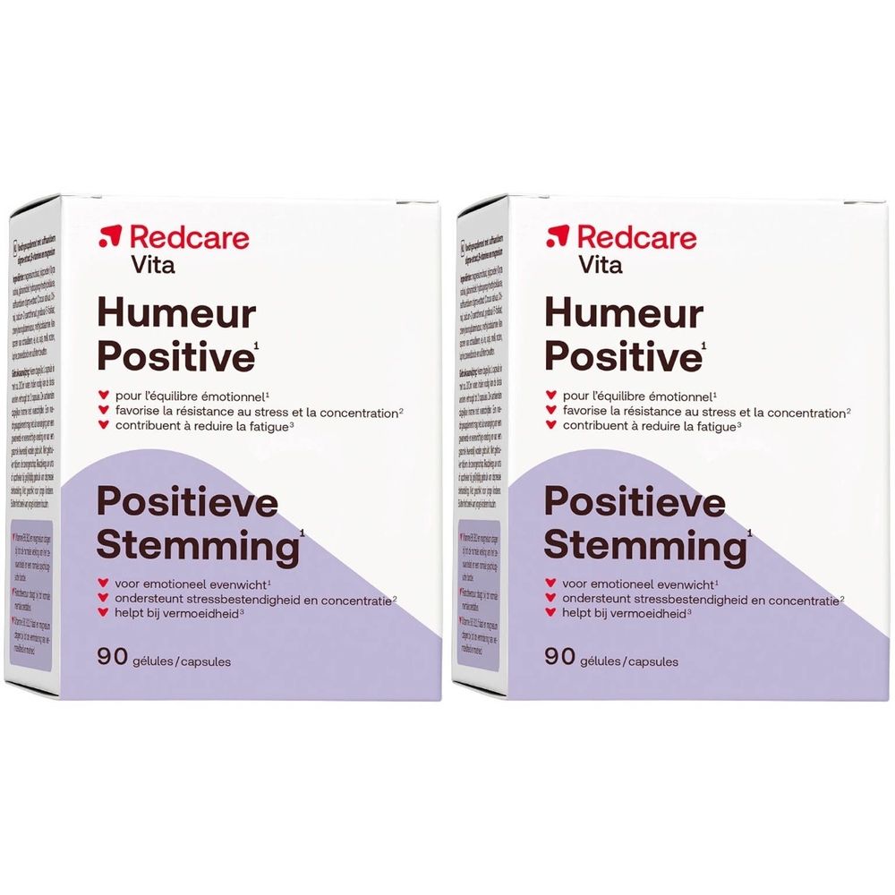 Zwei Packungen Redcare Vita Humour Positive, 90 Kapseln. Weiße Schachteln mit lila Akzenten und Produktinformationen.