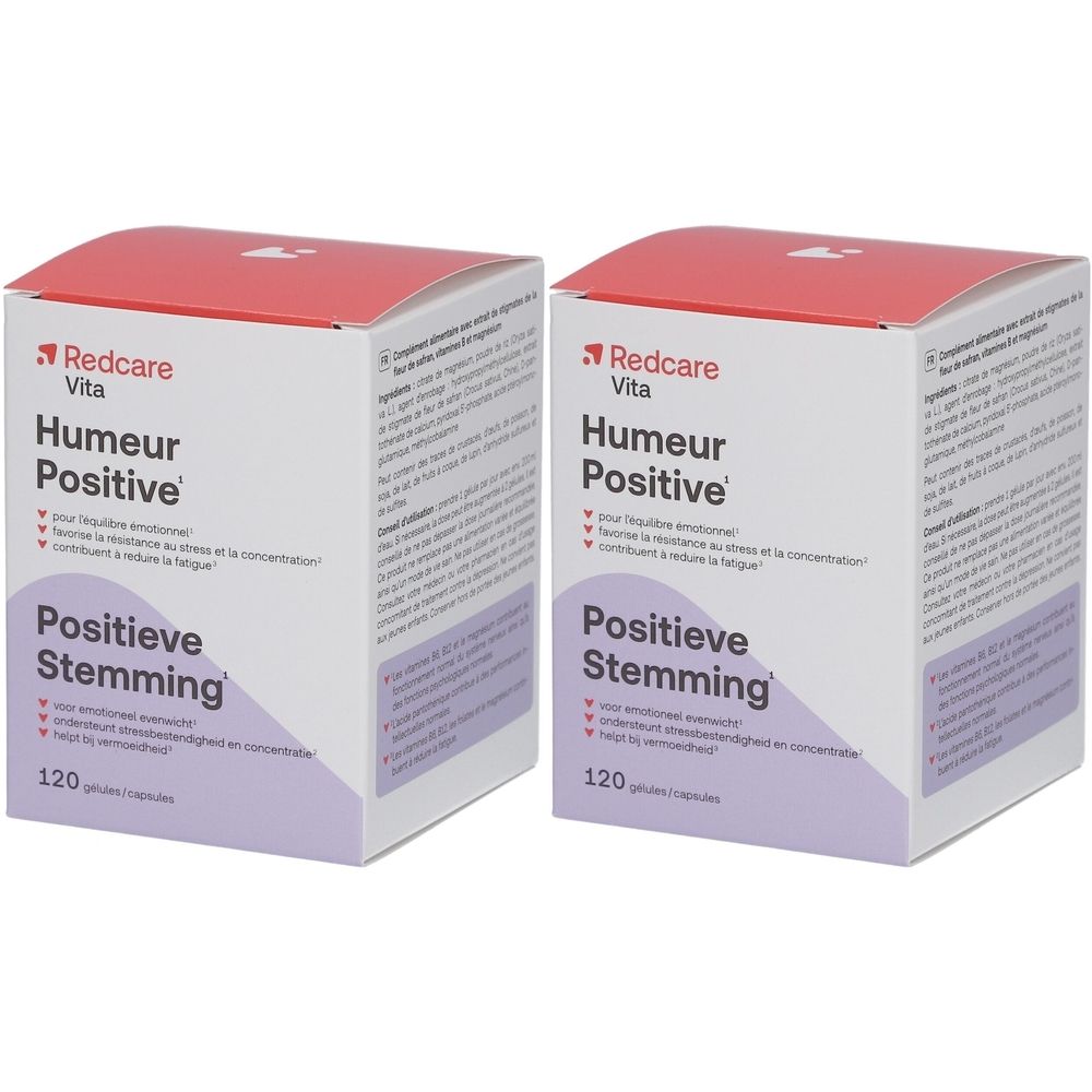 Zwei Schachteln Redcare Vita Kapseln. Aufdruck: Humour Positive, Positieve Stemming. 120 Kapseln.