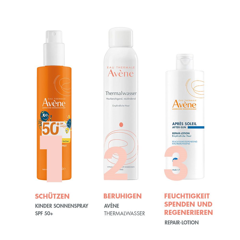 Drei Produkte nebeneinander: Sonnenspray, Thermalwasser, After Sun Repair Lotion. Beschriftung: Avène, 50+, Thermalwasser, Repair-Lotion.