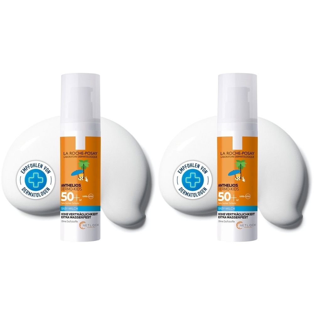 Zwei Flaschen La Roche Posay Anthelios Babymilch LSF 50+. Weiße Flaschen mit orangefarbenem Etikett. Aufschrift: 50+ und Dermatologen.