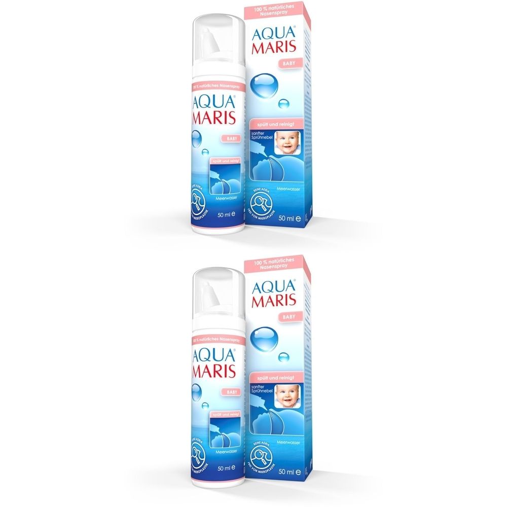 Nasenspray-Flasche und Verpackung. Aufschrift Aqua Maris Baby. Rosa und blaue Farbtöne. Baby-Illustration auf der Verpackung.