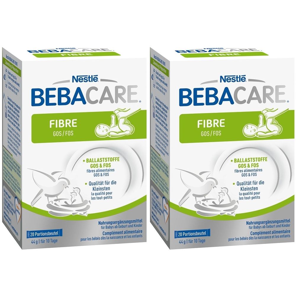 Zwei Kartons BEBACARE FIBRE. Aufschrift: Ballaststoffe GOS & FOS. 20 Portionsbeutel. Nestle-Logo. Für Babys und Kleinkinder.