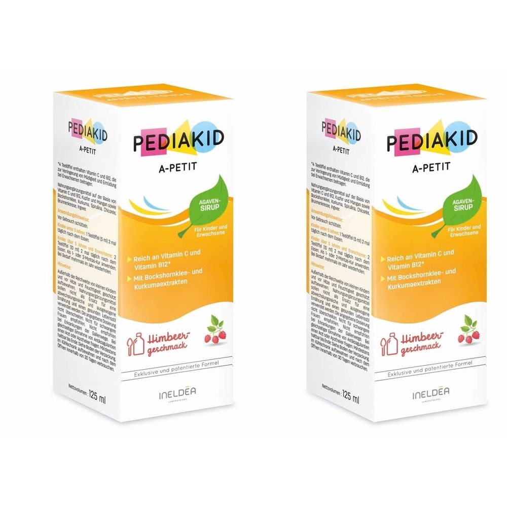 Zwei Kartons mit der Aufschrift PEDIAKID A-PETIT. Aufschrift: Himbeergeschmack. 125 ml. INELDEA.