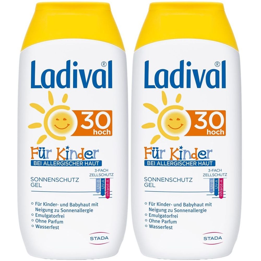 Zwei Flaschen Ladival® Sonnengel Kinder LSF 30. Gelbe Kappe, weißer Behälter, Sonnenmotiv. Text: Für Kinder, bei allergischer Haut.