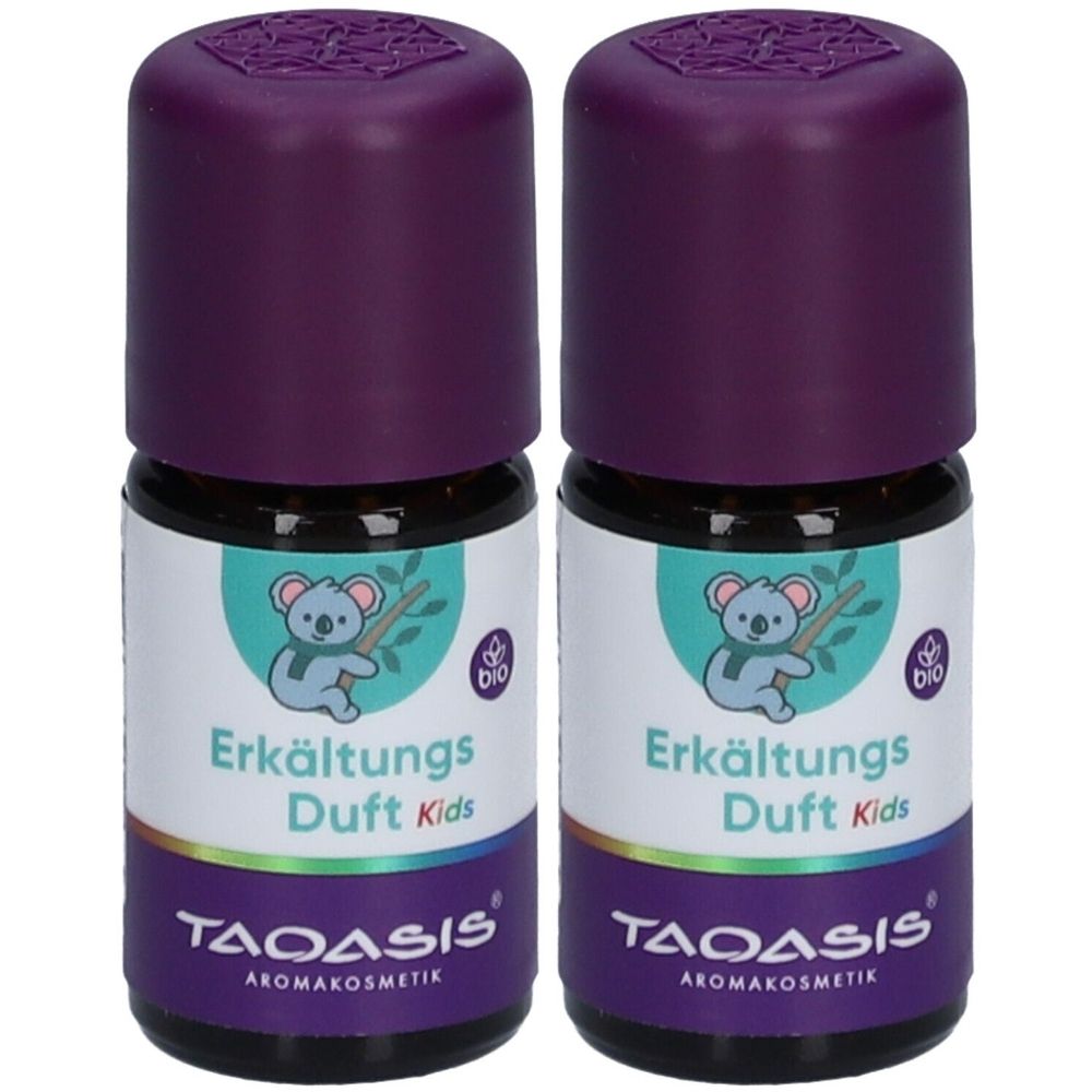 Zwei kleine Fläschchen mit lila Deckel. Auf den Etiketten steht "Erkältungs Duft Kids" und ein Koala. Marke: TAOASIS.